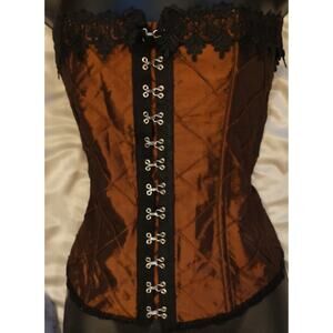 Sexy Lace Up Copper Brown Satin Black Lace Boning Corset Bustier Shirt Size 38